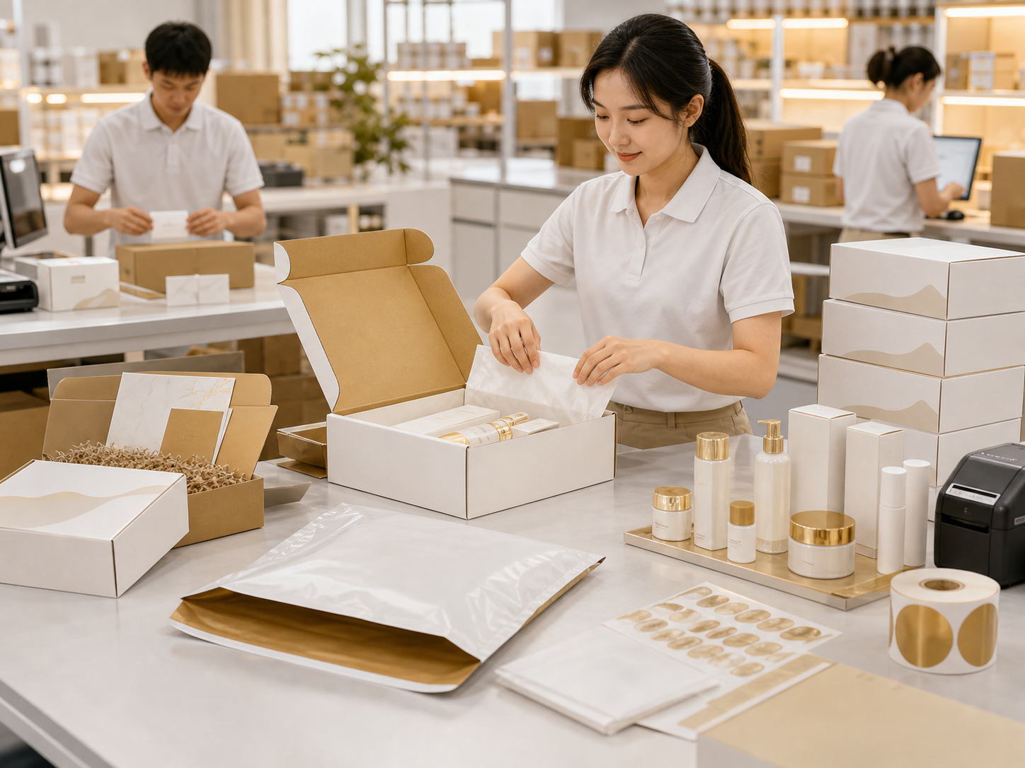 Fulfillment team repacking inspected products