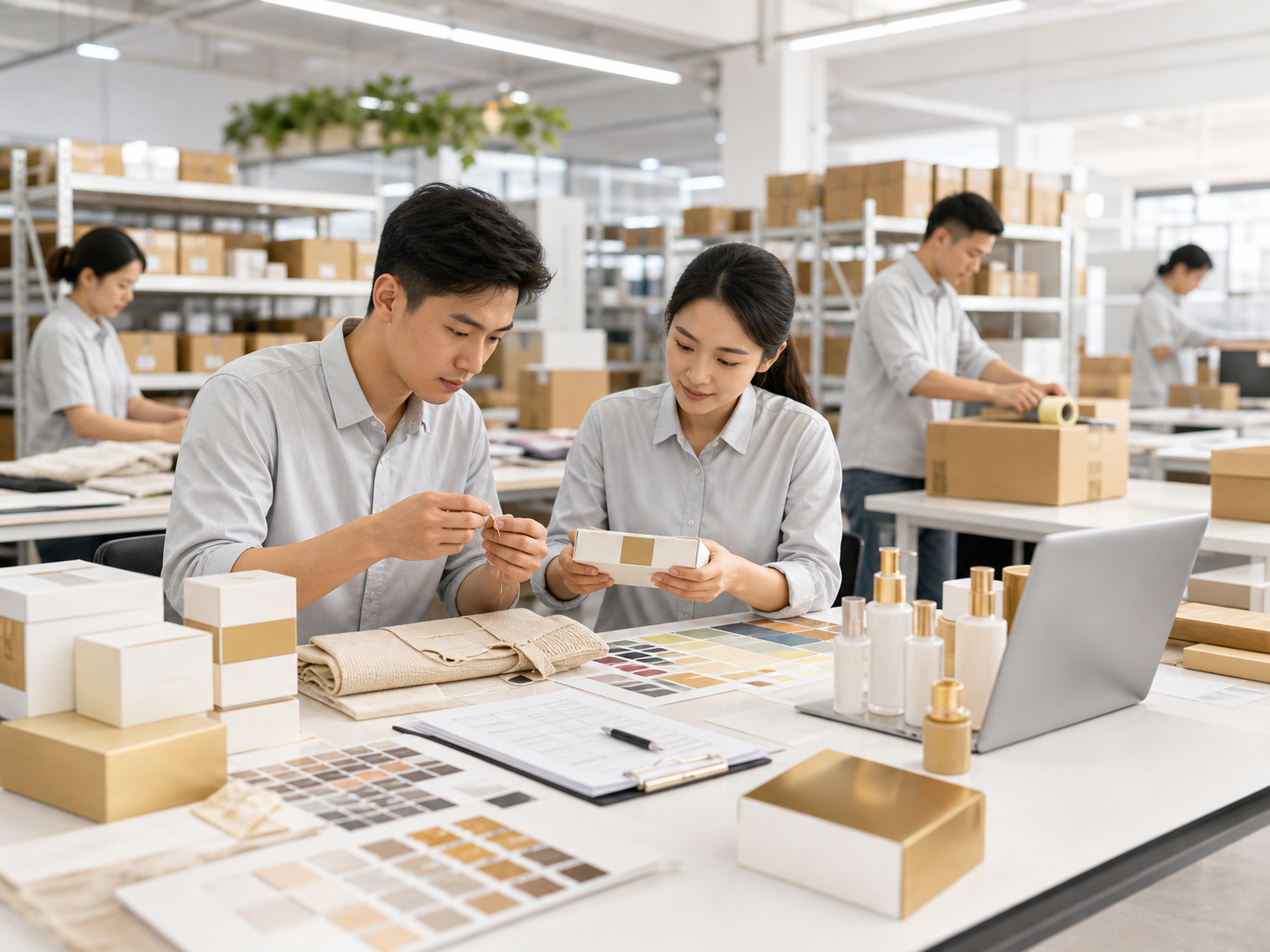 Product sourcing specialists checking materials and samples